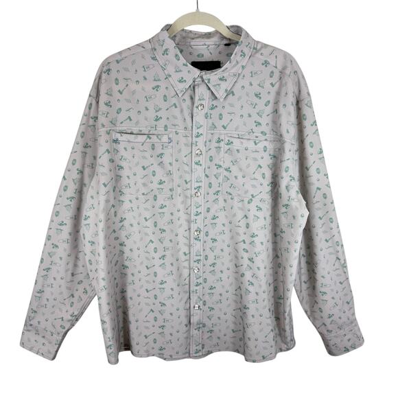 Dakota Cream Green Camping Outdoor Pattern Long Sleeve Quick Dry Button Up Sz XL - Picture 1 of 5